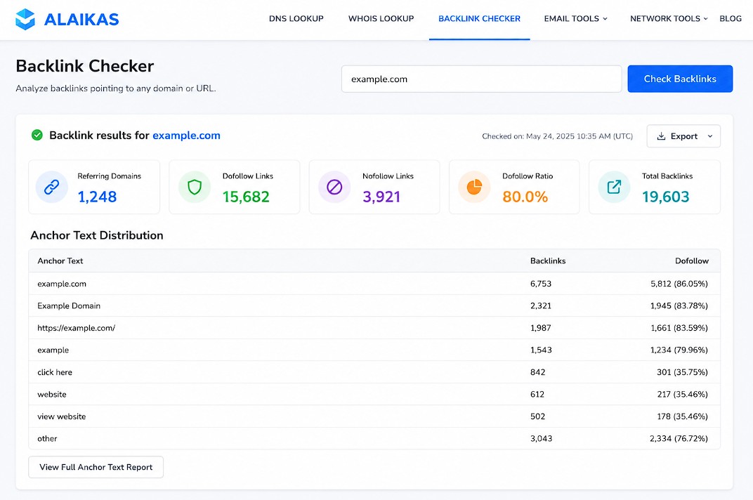 Backlink checker web dashboard overview