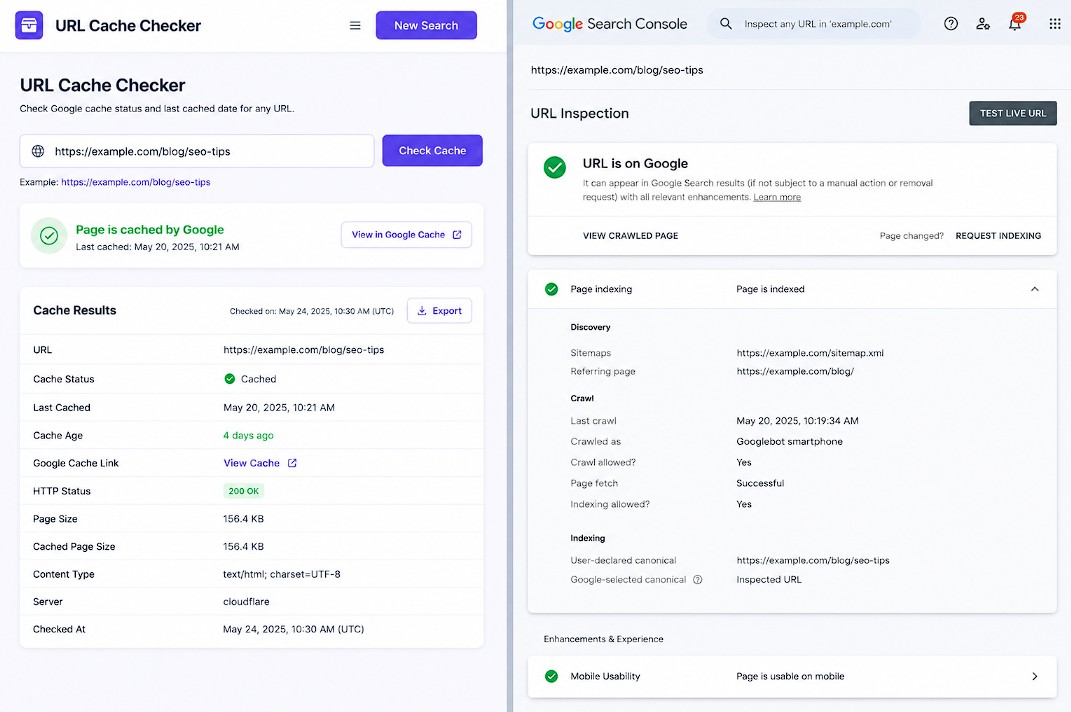 URL inspection and cache checker tools